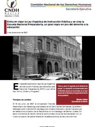 Entra en vigor la Ley Orgánica de Instrucción Pública y se crea la Escuela Nacional Preparatoria, un gran logro en pro del derecho a la educación