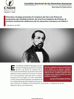 Ponciano Arriaga presenta al Congreso de San Luis Potosí la propuesta del establecimiento de una Procuraduría de Pobres, la primera institución defensora de los derechos humanos en México