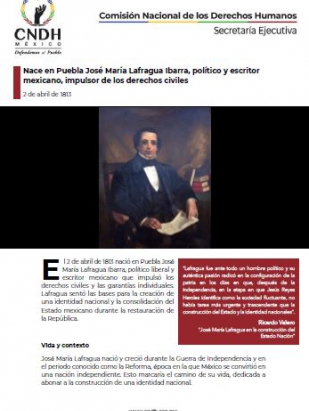 Nace en Puebla José María Lafragua Ibarra, político y escritor mexicano, impulsor de los derechos civiles