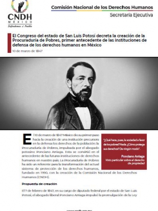 El Congreso del estado de San Luis Potosí decreta la creación de la Procuraduría de Pobres, primer antecedente de las instituciones de defensa de los derechos humanos en México
