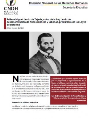 Fallece Miguel Lerdo de Tejada, autor de la Ley Lerdo de desamortización de fincas rústicas y urbanas, precursora de las Leyes de Reforma
