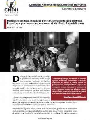 Manifiesto pacifista impulsado por el matemático filosofo Bertrand Russell, que pronto se conocería como el Manifiesto Russell-Einstein