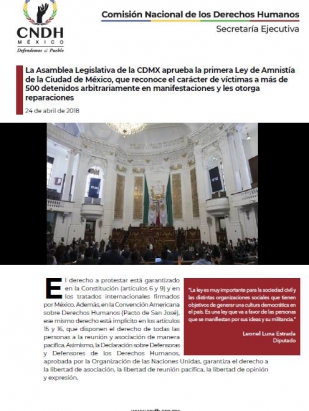La Asamblea Legislativa de la CDMX aprueba la primera Ley de Amnistía de la Ciudad de México, que reconoce el carácter de víctimas a más de 500 detenidos arbitrariamente en manifestaciones y les otorga reparaciones