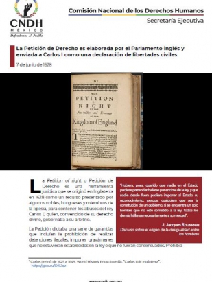 La Petición de Derecho es elaborada por el Parlamento inglés y enviada a Carlos I como una declaración de libertades civiles