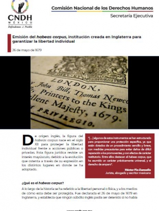 Emisión del habeas corpus, institución creada en Inglaterra para garantizar la libertad individual