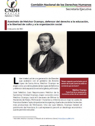 Asesinato de Melchor Ocampo, defensor del derecho a la educación, a la libertad de culto y a la organización social