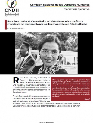 Nace Rosa Louise McCauley Parks, activista afroamericana y figura importante del movimiento por los derechos civiles en Estados Unidos