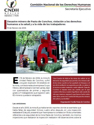 Desastre minero de Pasta de Conchos, violación a los derechos humanos a la salud y a la vida de los trabajadores
