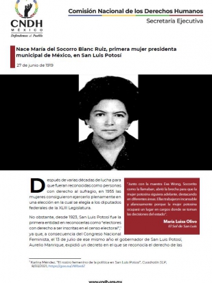 Nace María del Socorro Blanc Ruiz, primera mujer presidenta municipal de México, en San Luis Potosí
