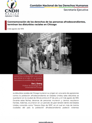 Conmemoración de los derechos de las personas afrodescendientes,  terminan los disturbios raciales en Chicago