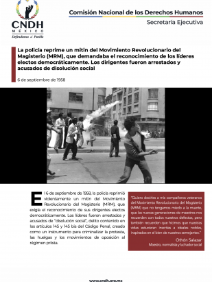 La policía reprime un mitin del Movimiento Revolucionario del Magisterio (MRM), que demandaba el reconocimiento de los líderes electos democráticamente. Los dirigentes fueron arrestados y acusados de disolución social