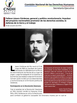 Fallece Lázaro Cárdenas, general y político revolucionario, impulsor del proyecto nacionalista promotor de los derechos sociales, la defensa de la tierra y el trabajo