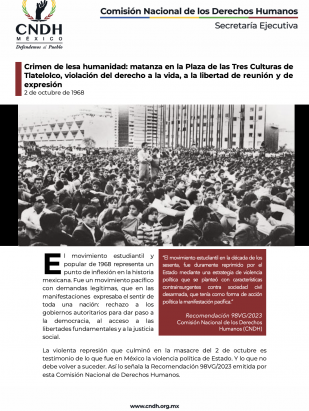 Crimen de lesa humanidad: matanza en la Plaza de las Tres Culturas de Tlatelolco, violación del derecho a la vida, a la libertad de reunión y de expresión