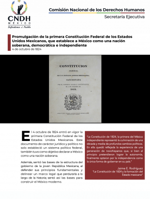 Promulgación de la primera Constitución Federal de los Estados Unidos Mexicanos, que establece a México como una nación soberana, democrática e independiente