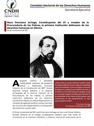 Nace Ponciano Arriaga, Constituyente del 57 y creador de la Procuraduría de los Pobres, la primera institución defensora de los derechos humanos en México