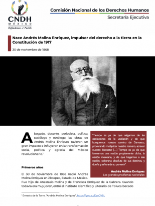 Nace Andrés Molina Enríquez, impulsor del derecho a la tierra en la Constitución de 1917