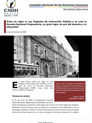 Entra en vigor la Ley Orgánica de Instrucción Pública y se crea la Escuela Nacional Preparatoria, un gran logro en pro del derecho a la educación