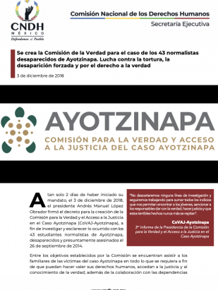 Se crea la Comisión de la Verdad para el caso de los 43 normalistas desaparecidos de Ayotzinapa. Lucha contra la tortura, la desaparición forzada y por el derecho a la verdad