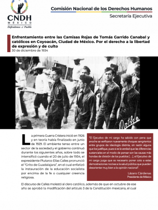 Enfrentamiento entre las Camisas Rojas de Tomás Garrido Canabal y católicos en Coyoacán, Ciudad de México. Por el derecho a la libertad de expresión y de culto