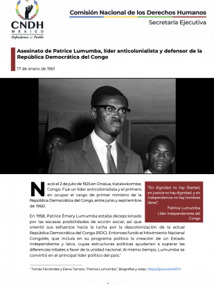 Asesinato de Patrice Lumumba, líder anticolonialista y defensor de la República Democrática del Congo