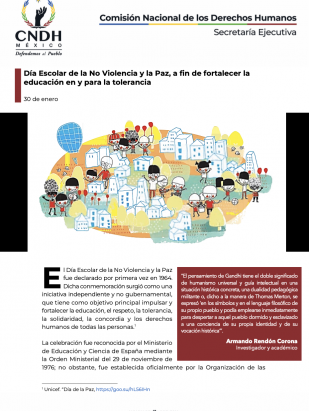 Día Escolar de la No Violencia y la Paz, a fin de fortalecer la educación en y para la tolerancia