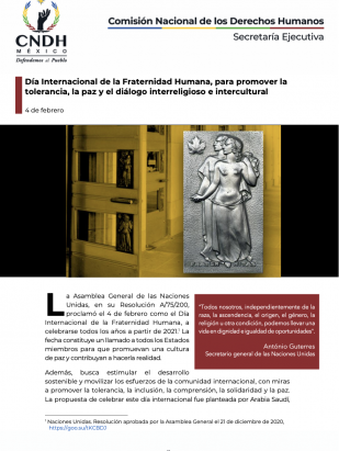 Día Internacional de la Fraternidad Humana, para promover la tolerancia, la paz y el diálogo interreligioso e intercultural