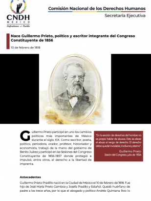 Nace Guillermo Prieto, político y escritor integrante del Congreso Constituyente de 1856