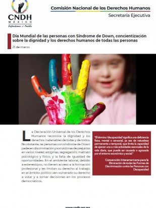 Día Mundial de las personas con Síndrome de Down, concientización sobre la dignidad y los derechos humanos de todas las personas