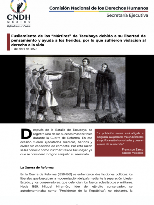 Fusilamiento de los “Mártires” de Tacubaya debido a su libertad de pensamiento y ayuda a los heridos, por lo que sufrieron violación al derecho a la vida