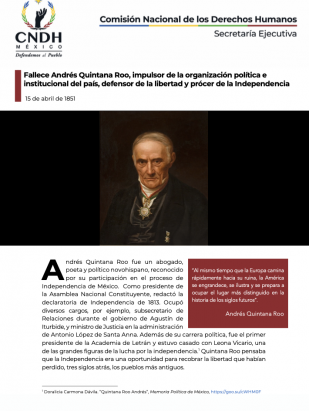 Fallece Andrés Quintana Roo, impulsor de la organización política e institucional del país, defensor de la libertad y prócer de la Independencia