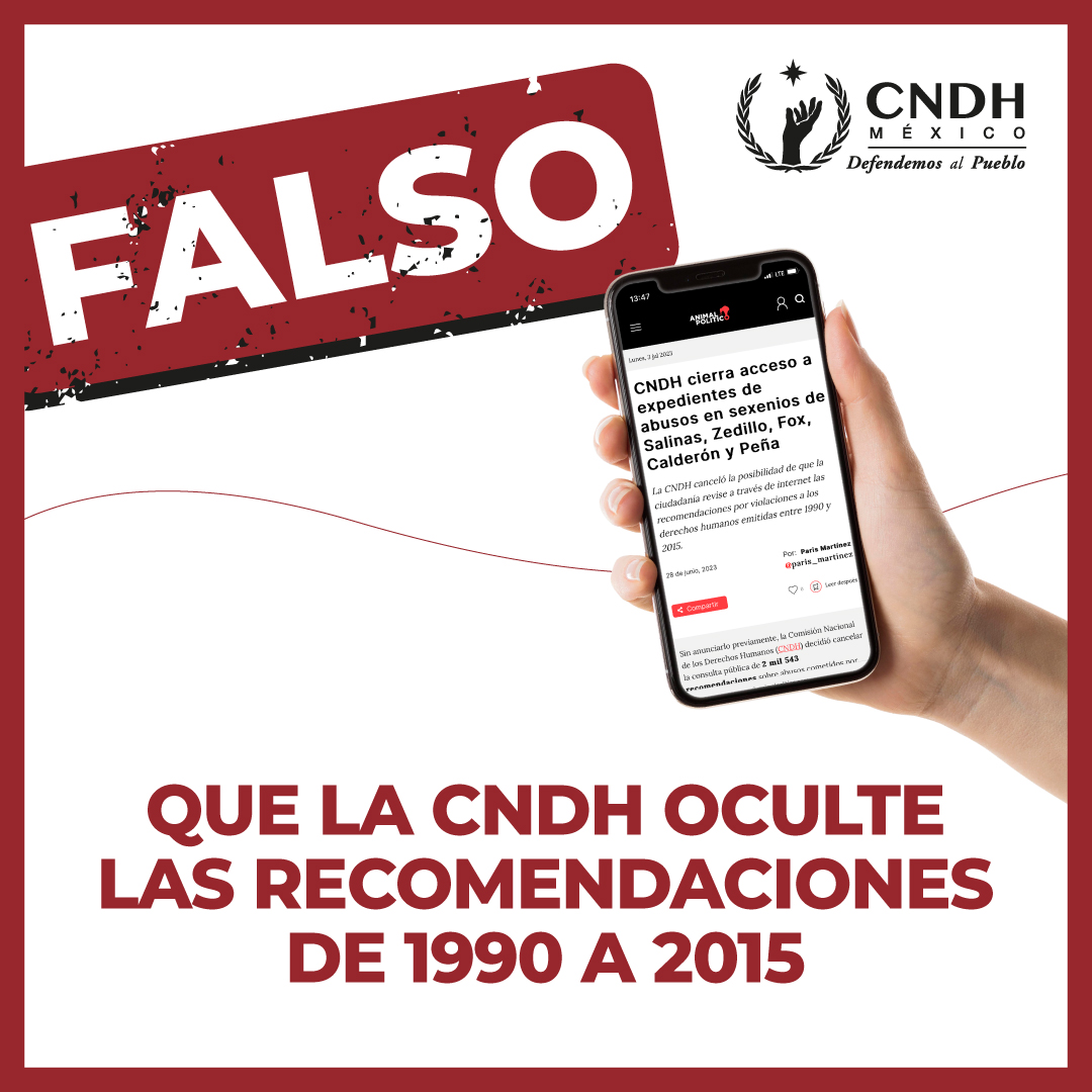 Falso que la CNDH oculte las Recomendaciones de 1990 a 2015