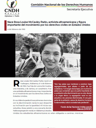 Nace Rosa Louise McCauley Parks, activista afroamericana y figura importante del movimiento por los derechos civiles en Estados Unidos