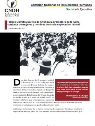Fallece Domitila Barrios de Chungara, promotora de la lucha conjunta de mujeres y hombres contra la explotación laboral