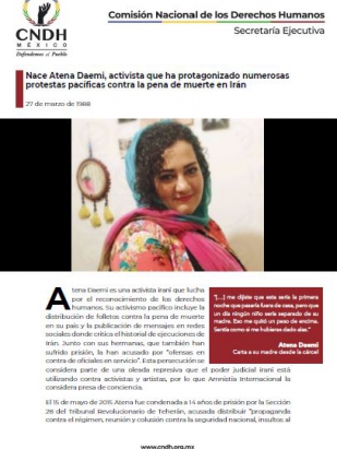 Nace Atena Daemi, activista que ha protagonizado numerosas protestas pacíficas contra la pena de muerte en Irán